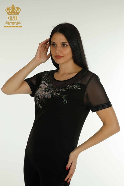 Grossiste Chemisier Femme - Tulle Détaillé - Noir - 79106 | KAZEE 