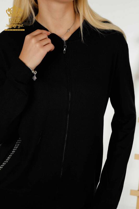 Ensemble de survêtement pour femmes en gros avec poche zippée noir - 16679 | KAZEE
