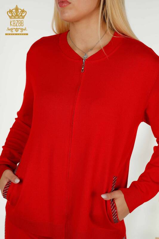 Ensemble de survêtement pour femmes en gros rouge avec poches et fermeture éclair - 16679 | KAZEE