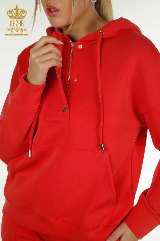 Ensemble de survêtement pour femmes en gros rouge avec poche à capuche - 17627 | KAZEE