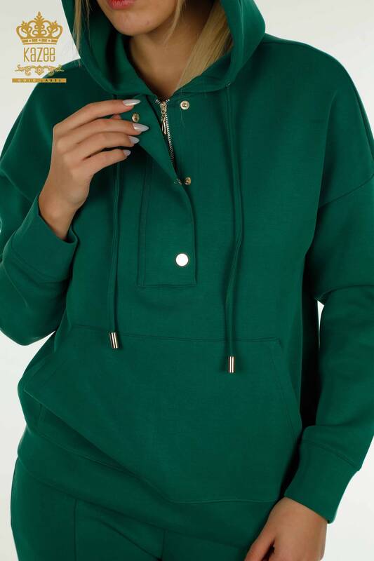 Ensemble de survêtement pour femmes en gros à capuche avec poches vert - 17627 | KAZEE