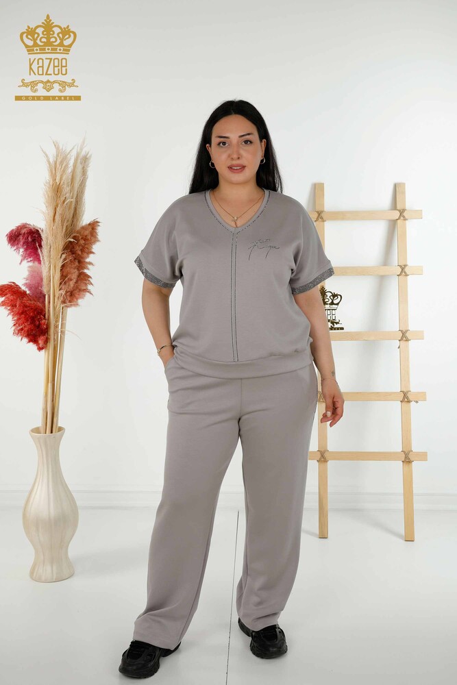 Grossiste Ensemble Survêtement Femme - Pierre Brodée - Poches - Gris - 20391 | KAZEE - 1