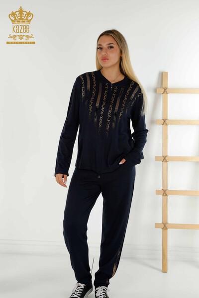 Ensemble de survêtement pour femmes en gros avec poches zippées bleu marine - 16280 | KAZEE - Kazee