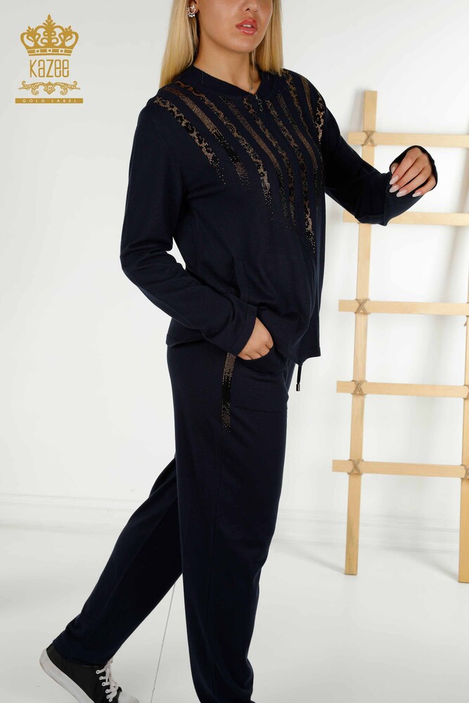 Ensemble de survêtement pour femmes en gros avec poches zippées bleu marine - 16280 | KAZEE - 2