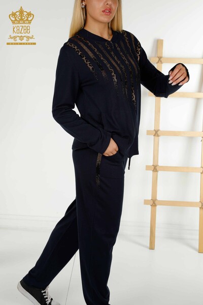 Ensemble de survêtement pour femmes en gros avec poches zippées bleu marine - 16280 | KAZEE - Kazee (1)