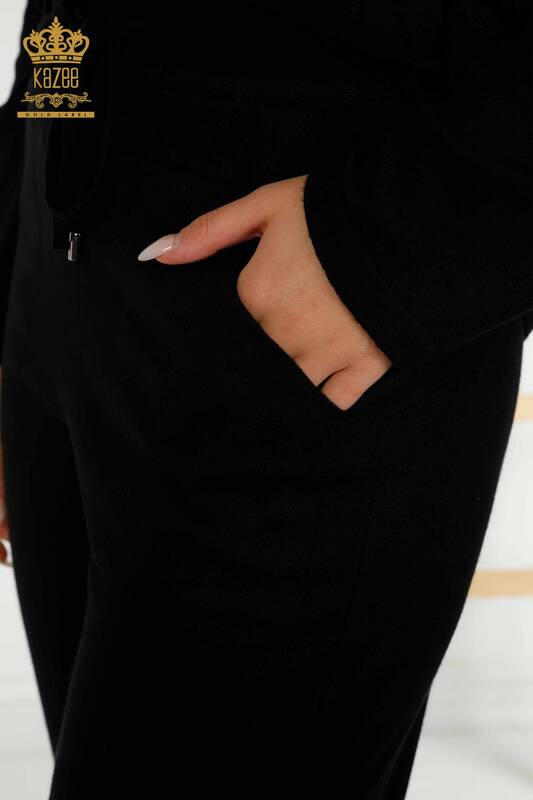 Ensemble de survêtement pour femmes en gros avec poche zippée noir - 16280 | KAZEE