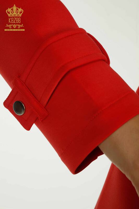 Ensemble de survêtement triple pour femmes en gros rouge avec détail de boutons - 17622 | KAZEE