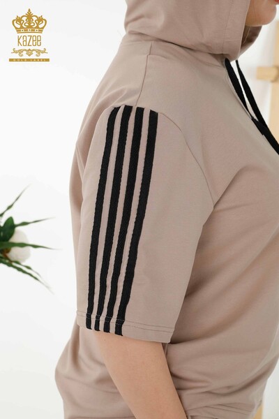 Grossiste Ensemble Survêtement Femme - Rayé - Capuche - Beige Noir - 17543 | KAZEE - 5