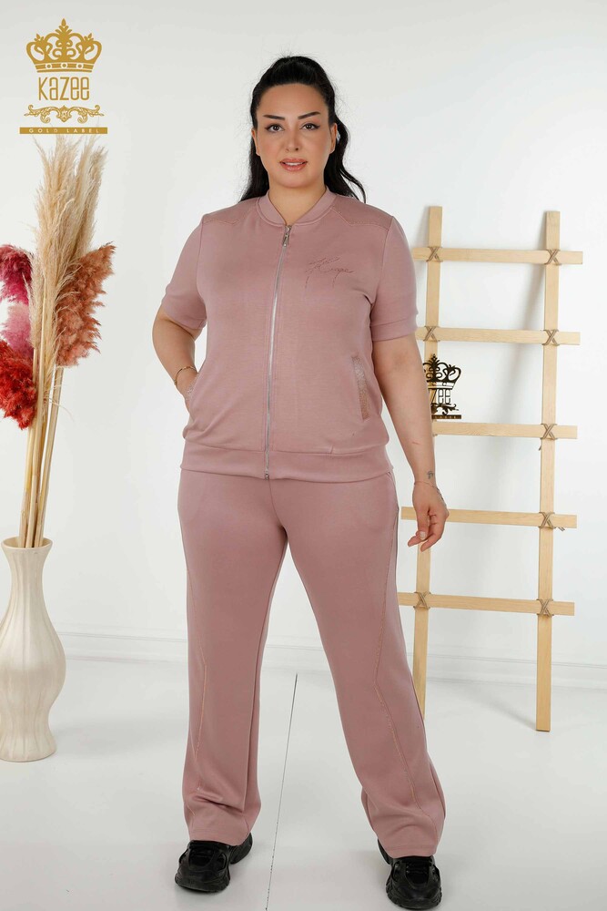 Grossiste Ensemble Survêtement Femme - Fermeture Éclair - Pierre Brodée - Rose - 20411 | KAZEE - 1