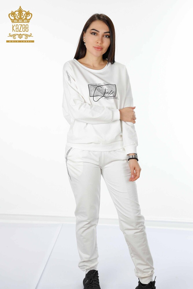 Grossiste Ensemble Survêtement Femme Cristal Pierre Brodé Ecru - 17461 | KAZEE - 1