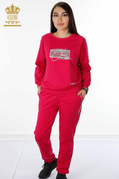 Grossiste Ensemble Survêtement Femme Cristal Pierre Brodée Fuchsia - 17461 | KAZEE 