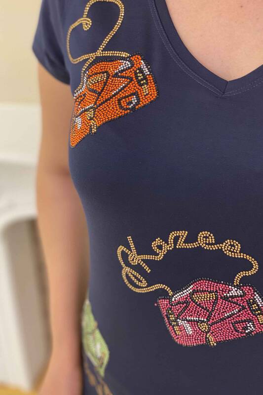Vente en gros de chemisier couleur pierre détaillée col en V pour femme - 77752 | Kazee