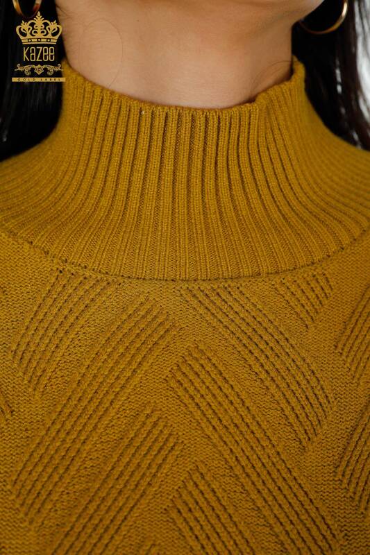 Vente en gros de tricots pour femmes moutarde à motifs avec liens à nouer sur les côtés - 30000 | KAZEE