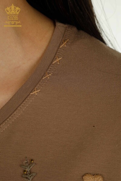 Chemisier Femme Fleur Brodée Marron Clair - 79466 | KAZEE - 4