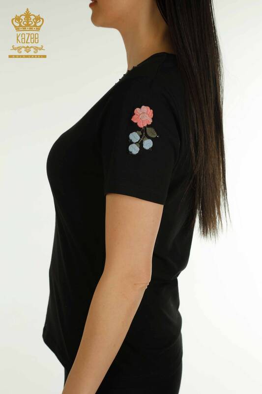 Chemisier Femme En Gros Fleur Colorée Brodée Noir - 79455 | KAZEE