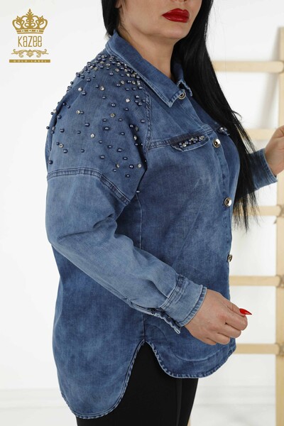 Vente en gros Chemise en jean pour femmes - Perles détaillées - Bleu - 20374 | KAZEE - Thumbnail