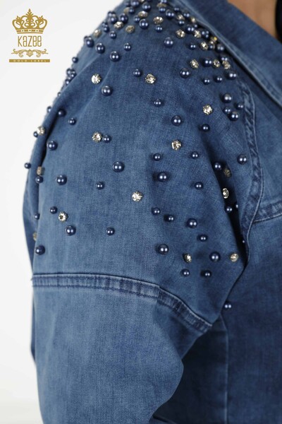 Vente en gros Chemise en jean pour femmes - Perles détaillées - Bleu - 20374 | KAZEE - Thumbnail
