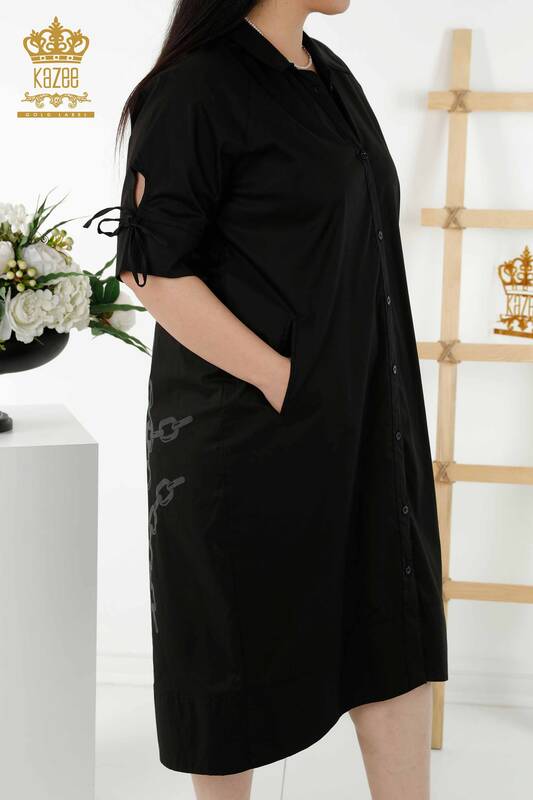 Vente en Gros Robe chemise femme - Chaîne Motif - Noir - 20379 | KAZEE
