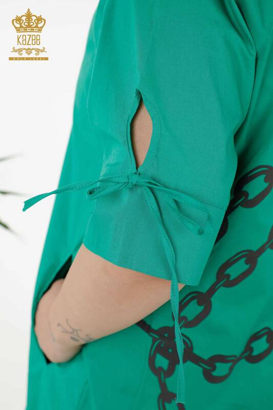 Robe chemise femme en gros - Motif chaîne - Vert - 20379 | KAZEE