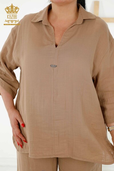 Vente en gros de chemises d'été pour femmes - Avec poche - Beige - 20402 | KAZEE - Thumbnail
