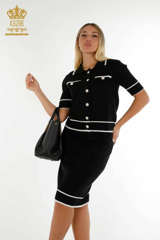 Vente en gros Costume deux pièces pour femmes - Bouton détaillé - Noir Écru - 30303 | KAZEE