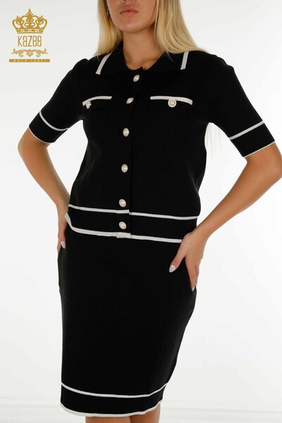 Vente en gros Costume deux pièces pour femmes - Bouton détaillé - Noir Écru - 30303 | KAZEE - 4