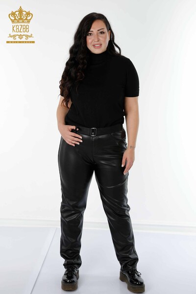 Grossiste Pantalons en cuir pour femmes avec ceinture Noir - 3668 | KAZEE - Thumbnail