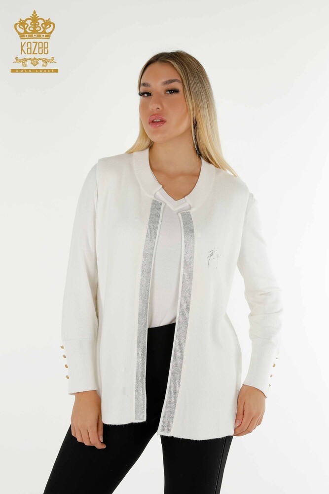 Gros Gilet Court Femme Pierre Brodée Ecru - 30411 | KAZEE - 1