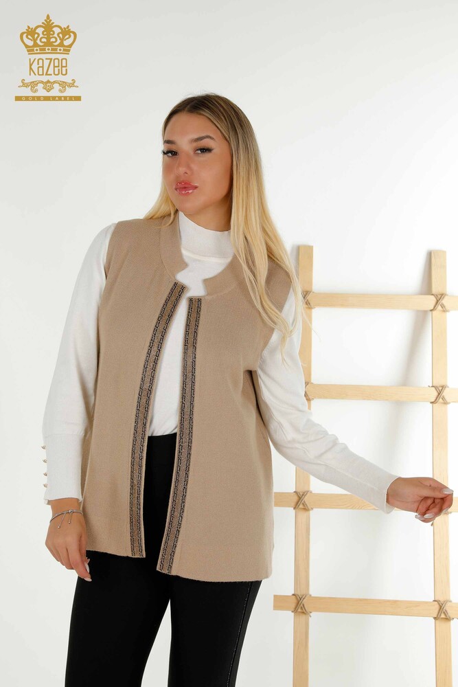 Gilet Femme En Gros Pierre De Cristal Brodé Beige - 30606 | KAZEE - 1