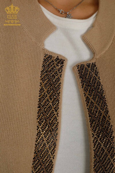 Gilet Femme En Gros Pierre De Cristal Brodé Beige - 30609 | KAZEE - 4