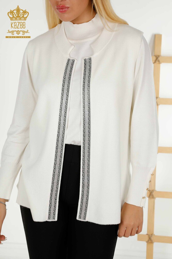 Gros Gilet Femme Pierre De Cristal Brodée Ecru - 30606 | KAZEE - 2