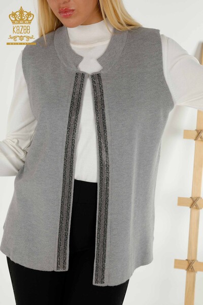 Gilet Femme En Gros Pierre De Cristal Brodé Gris - 30606 | KAZEE - 2