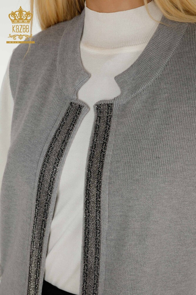 Gilet Femme En Gros Pierre De Cristal Brodé Gris - 30606 | KAZEE - 3
