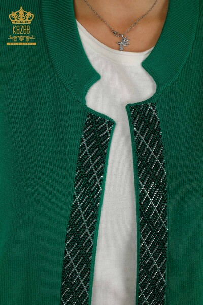 Gilet Femme En Gros Pierre De Cristal Brodé Vert - 30609 | KAZEE - 3