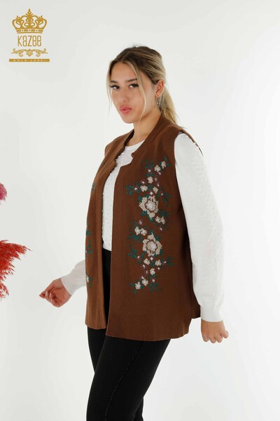 Gros Gilet Femme Fleur Brodée Marron - 30644 | KAZEE - Kazee