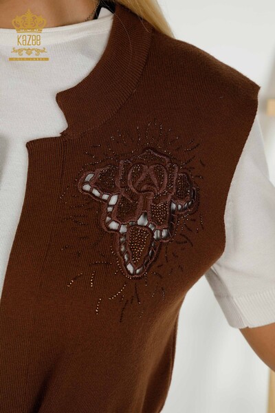 Gilet Femme En Gros Pierre Brodée Marron - 16830 | KAZEE - 3