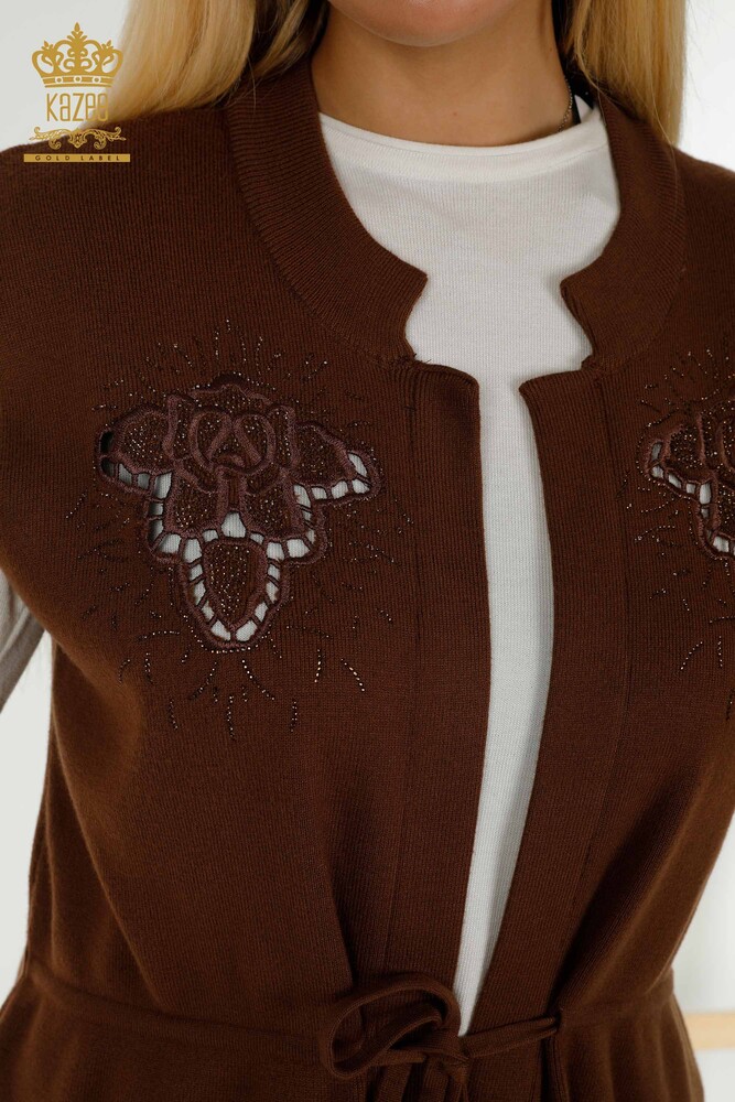 Gilet Femme En Gros Pierre Brodée Marron - 16830 | KAZEE - 4