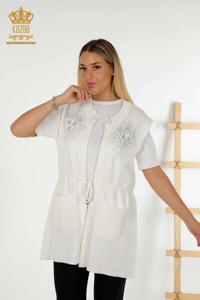 Gros Gilet Femme Pierre Brodée Ecru - 16830 | KAZEE 