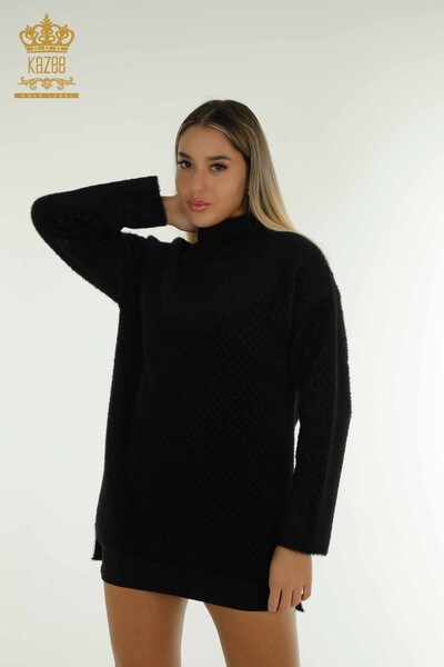 Pull en tricot pour femmes en gros noir avec détail Angora - 30446 | KAZEE - Thumbnail