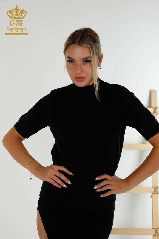 Vente en gros de tricots pour femmes pull basique à manches courtes noir - 30334 | KAZÉE