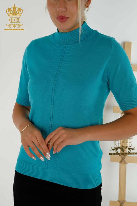 Vente en gros de tricots pour femmes pull basique à manches courtes turquoise - 30334 | KAZÉE
