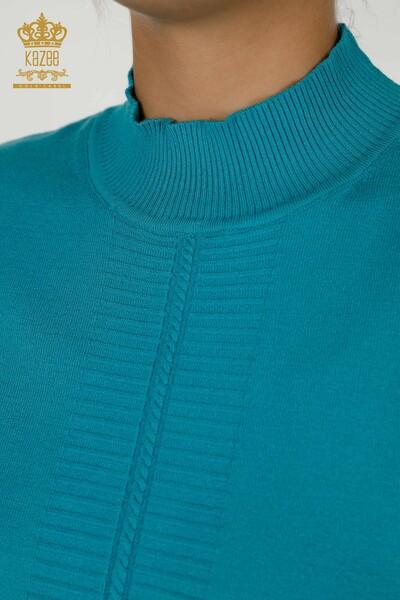 Vente en gros de tricots pour femmes pull basique à manches courtes turquoise - 30334 | KAZÉE - Thumbnail