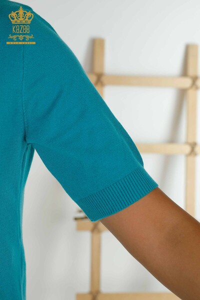Vente en gros de tricots pour femmes pull basique à manches courtes turquoise - 30334 | KAZÉE - Thumbnail