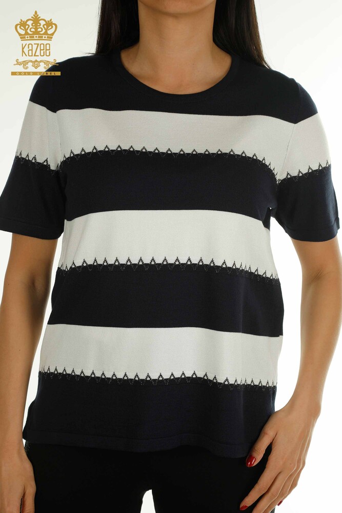 Grossiste Pull En Maille Femme Deux Couleurs Bleu Marine Ecru - 30351 | KAZEE - 2