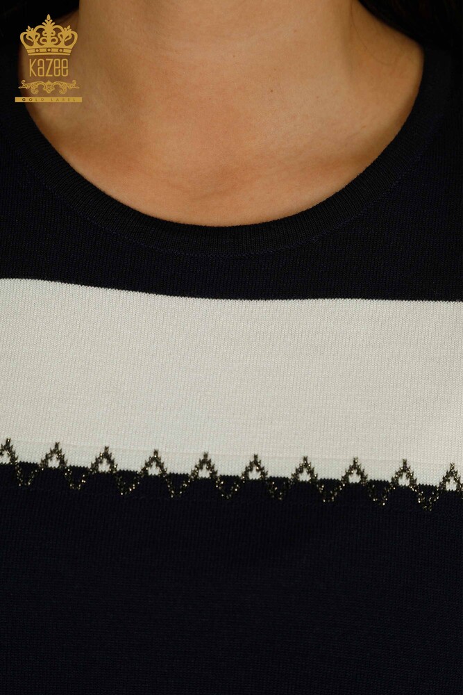 Grossiste Pull En Maille Femme Deux Couleurs Bleu Marine Ecru - 30351 | KAZEE - 3