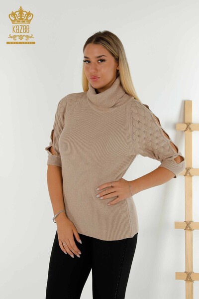 Pull en tricot pour femmes en gros avec détail de manches à col roulé Beige foncé - 30560 | KAZEE - Thumbnail