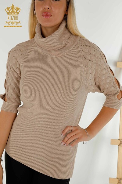 Pull en tricot pour femmes en gros avec détail de manches à col roulé Beige foncé - 30560 | KAZEE - Thumbnail