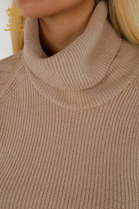 Pull en tricot pour femmes en gros avec détail de manches à col roulé Beige foncé - 30560 | KAZEE