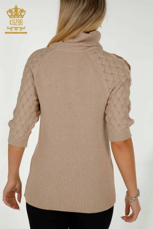 Pull en tricot pour femmes en gros avec détail de manches à col roulé Beige foncé - 30560 | KAZEE