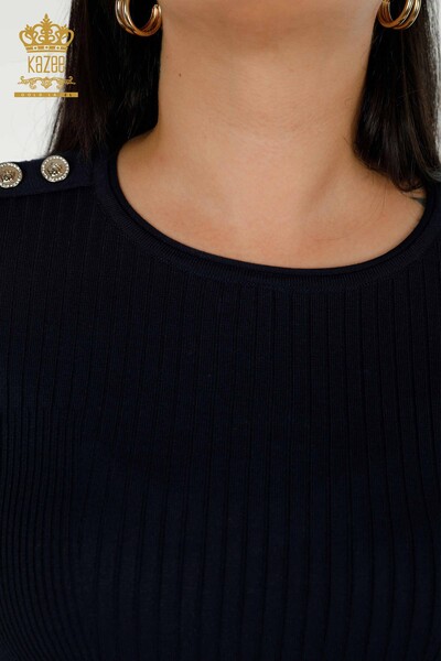 Bouton de pull en tricot pour femmes en gros détaillé bleu marine - 30045 | KAZEE - Thumbnail